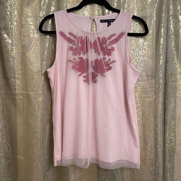 White House Black Market Floral Red Flower Pink Mesh Top, Small - Picture 1 of 9